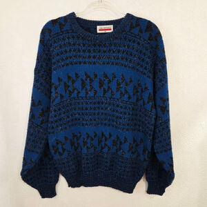 Vintage 80s 90s cerulean blue black geometric sweater men's size medium
